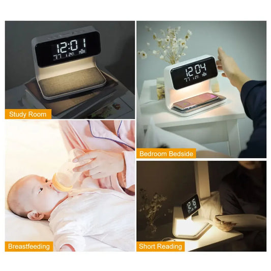 3-in-1 Nightstand Lamp with Wireless Charger &amp; Digital Alarm Clock – Dimmable Large Screen for Bedroom &amp; Dormitory