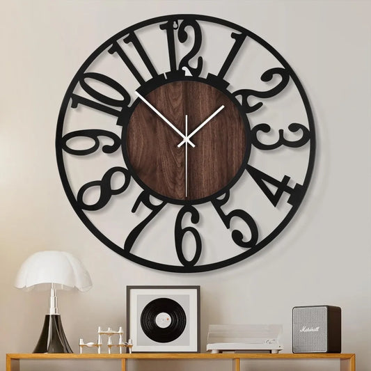 Large Wall Clock for Living Room Decor- Decorative Antique 24 inches or Larger Silent Non Ticking Black Metal Wood Clocks