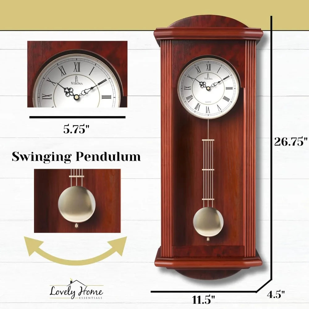 Silent decorative wooden clock with swinging pendulum, suitable for living room, kitchen, office and home decoration,