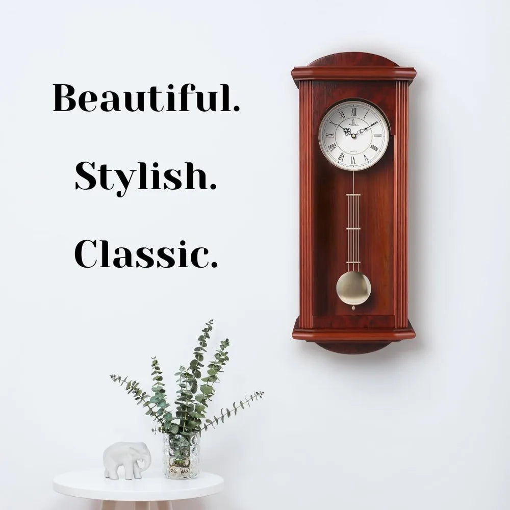 Silent decorative wooden clock with swinging pendulum, suitable for living room, kitchen, office and home decoration,