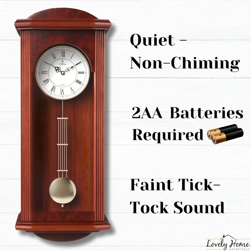 Silent decorative wooden clock with swinging pendulum, suitable for living room, kitchen, office and home decoration,